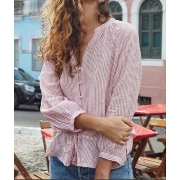 Rails White Red Marti Scarlet Linen Blend Striped Split Neck Womens Blouse Top M - Picture 1 of 6